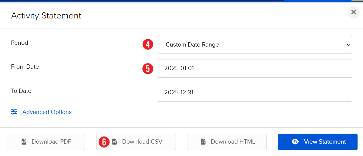 Ustawienie zakresu dat i przycisk Download CSV